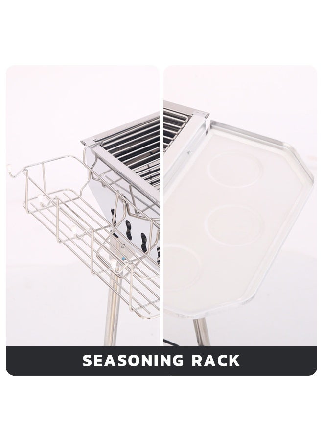 Charcoal BBQ Grill Portable Stainless Steel Outdoor Barbecue Stand with Side Seasoning Tray, Lower Storage Shelf, and Reinforced Grill Grate for Family Camping & Garden Parties - Image 5